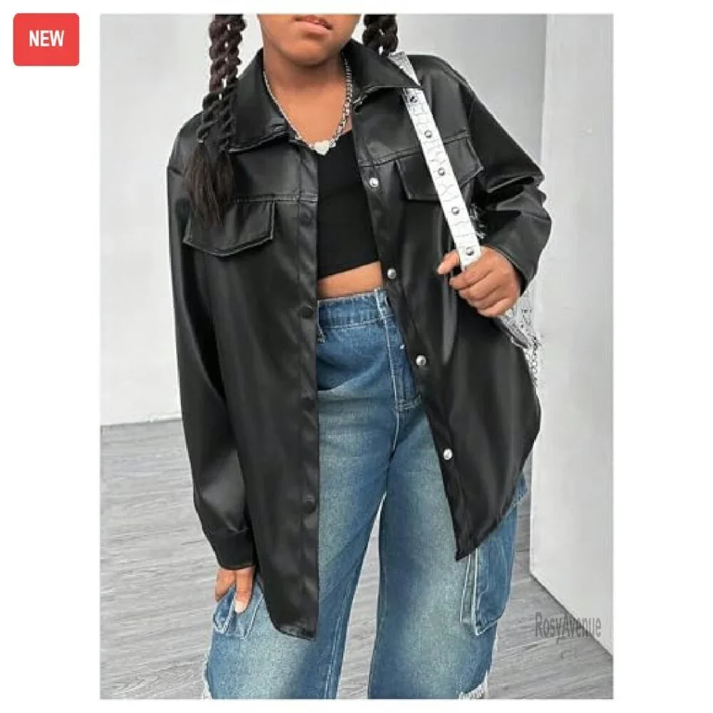 Girls Motorcycle Faux Leather Jacket Tie Belted Button Up Fall Coat